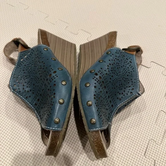 Pikolinos Mahon Blue Laser-Cut Leather Slingback Wedge Sandals Size 39 (US 8.5) - Picture 3 of 12